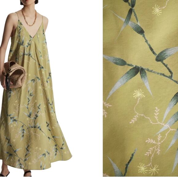 NWT COS Cotton Green Floral Multi Voluminous Midi Vacation Cocktail Dress Size 2 - Picture 1 of 15